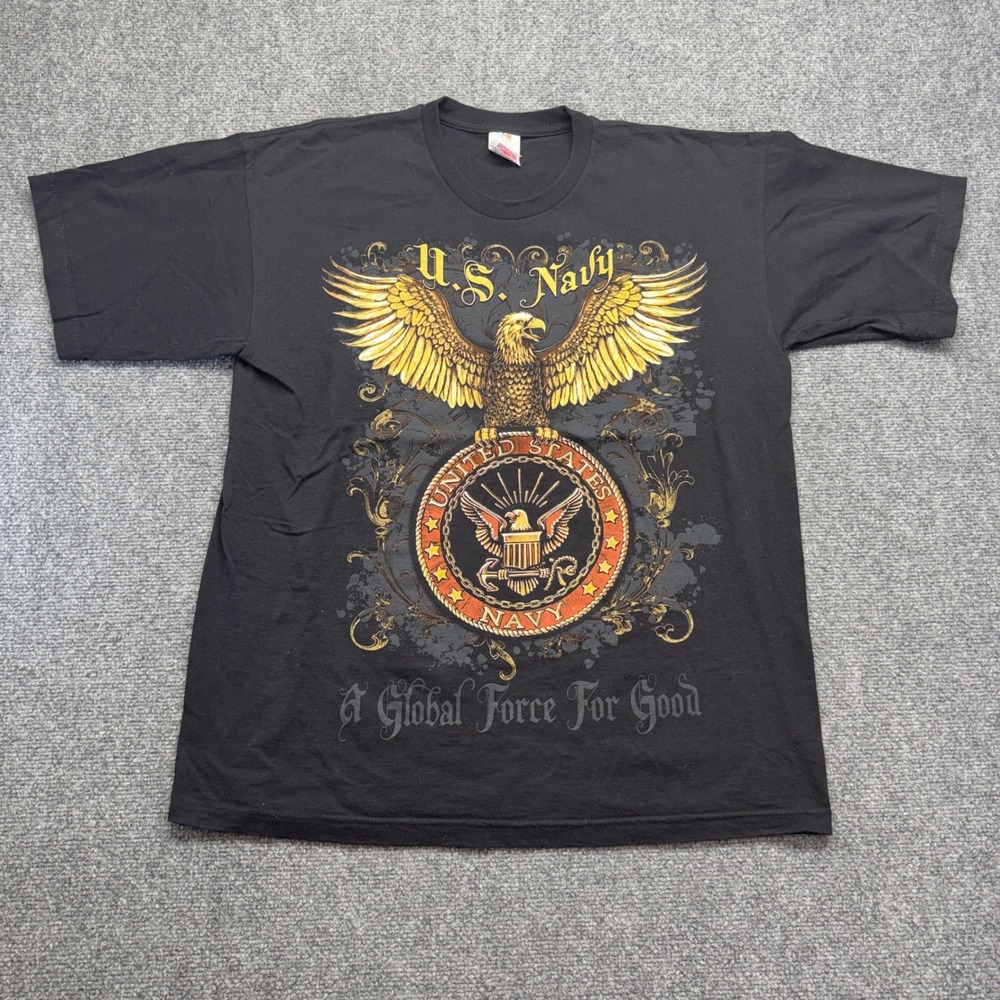 Bayside US Navy T-Shirt Mens Large Black Global Force For Good Eagle Graphic Tee